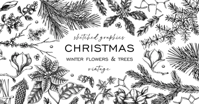 Christmas frame design. Winter flowers background. Conifer tree, evergreen plant, berry sketches. Hand drawn vector illustration. NOT AI generated